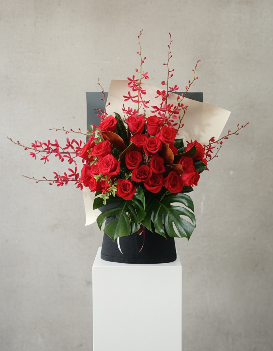 Bouquet of red roses with green leaves