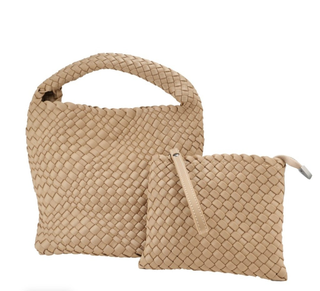 beige woven neoprene crossbody bag with matching purse