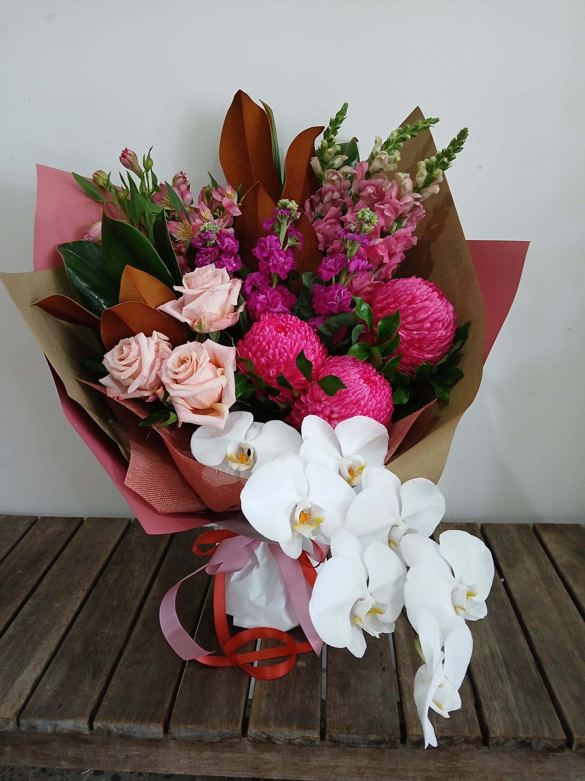 roses, orchids, disbuds and snapdragons bouquet | Sunshine Coast Mother's Day flower delivery