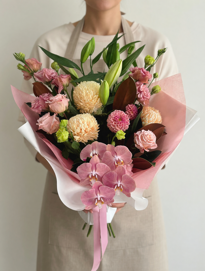 Mother's Day Flowers Sunshine Coast | Peach Flower Bouquet with Roses Lilies Disbuds